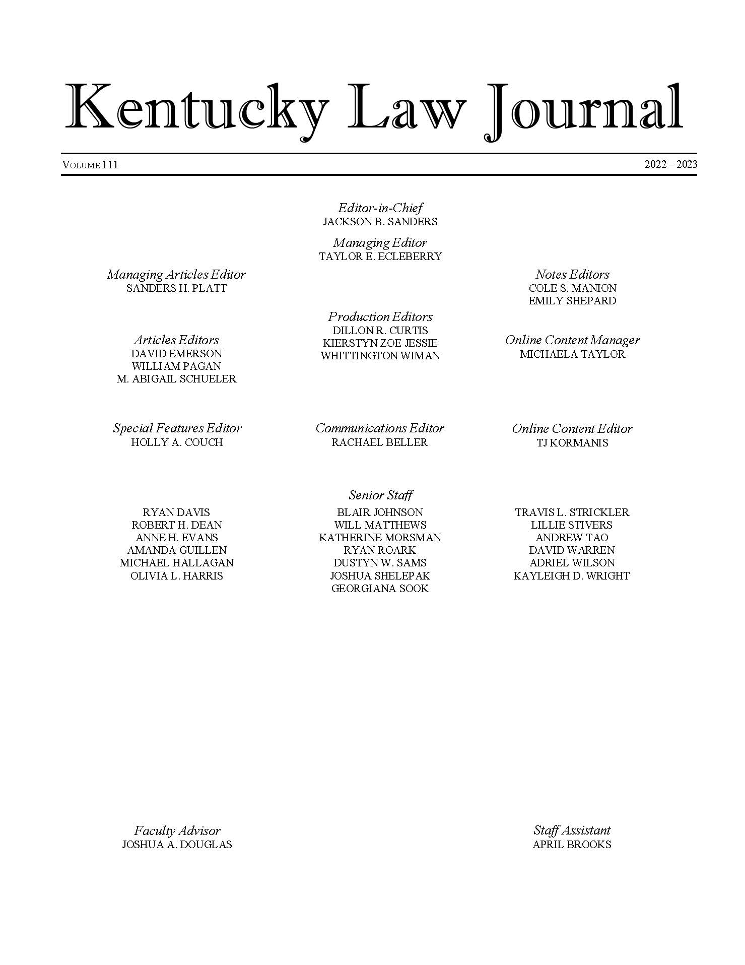 Kentucky Law Journal J David Rosenberg College Of Law